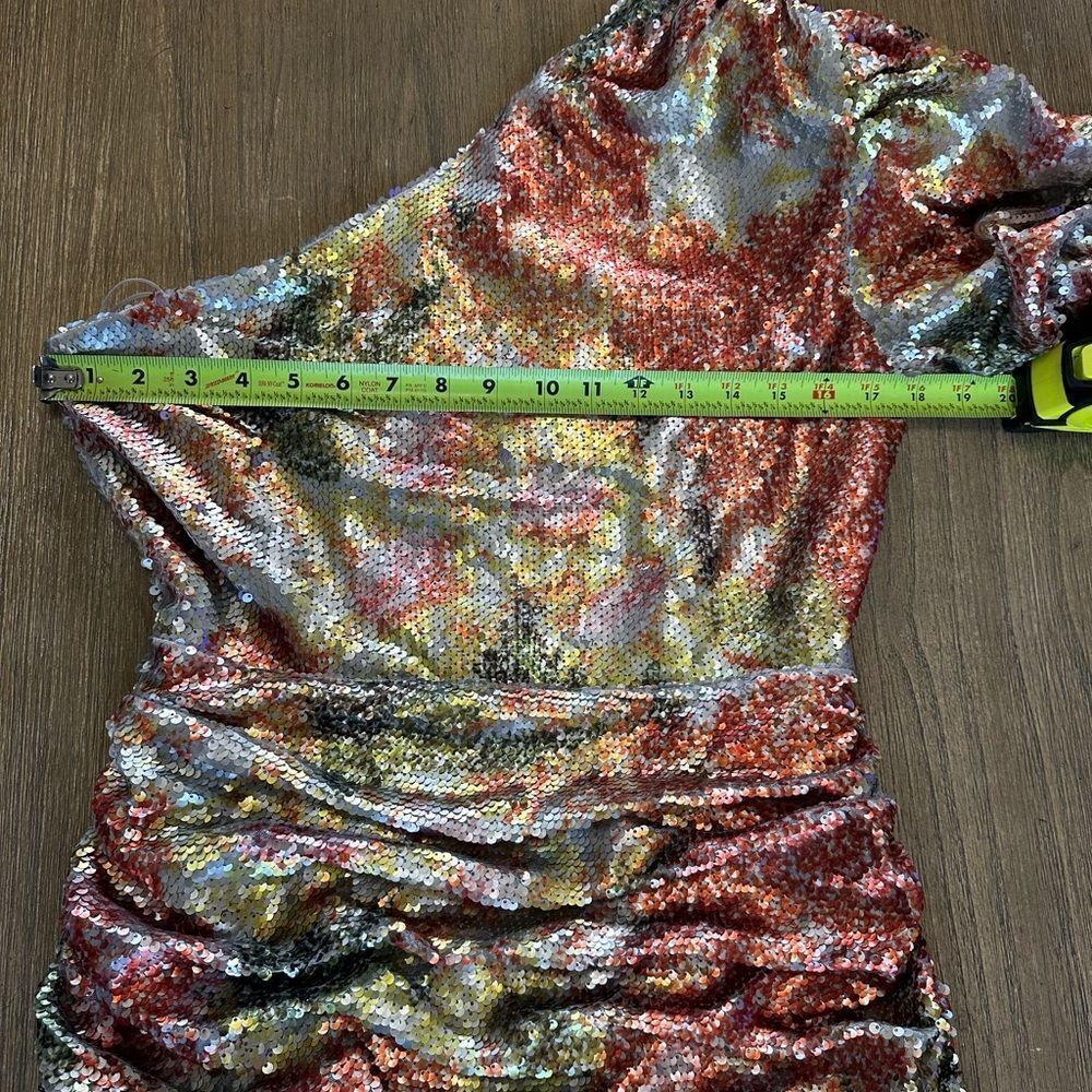 Ronny Kobo Multicolor Sequin Mini Dress One Shoulder Ruched Bodycon Large - Picture 6 of 14